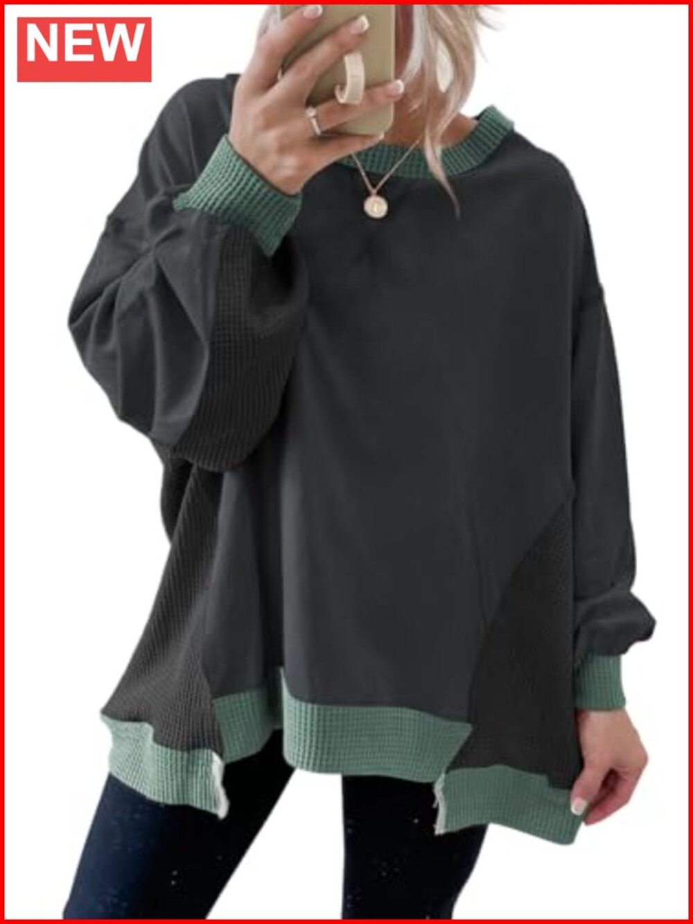 Waffle Knit Color Block Oversized Long Sleeve Sweatshirt